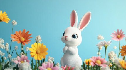 Fototapeta premium Cute little bunny with 3D flowers on a blue background.