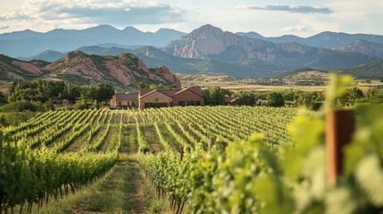 Fototapeta premium The lush vineyards at GranMonte Vineyard and Winery, with scenic views of the surrounding mountains.