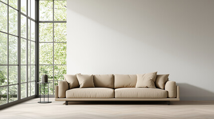 Minimalist living room interior with a cozy sofa.