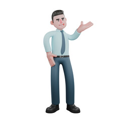 Illustrative 3D Male Financial Analyst. A male financial analyst is standing with his left palm raised in front of his shoulder while his right hand is on his waist. Financial Leader