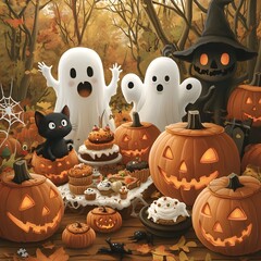 Cheerful Halloween Ghosts and Spirits Gathering with Spooky Treats and Pumpkins in Autumnal Woodland Setting