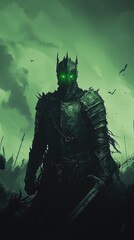 Fototapeta premium A dark fantasy figure clad in armor, emanating an eerie glow, stands amidst a shadowy landscape, symbolizing power and mystery.