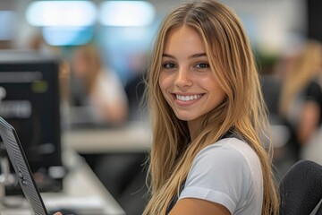 Blonde woman with a friendly smile in an office setting