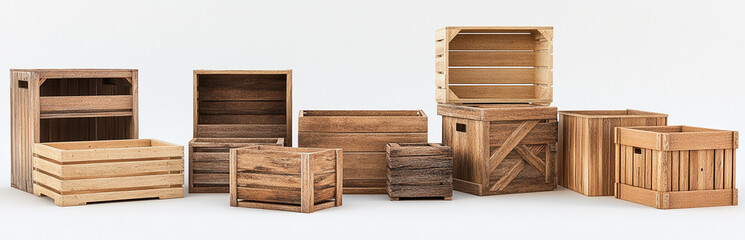 A set of wooden crates in different sizes and styles, arranged on a white background