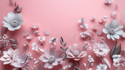 Colorful 3D flowers on a pink background.