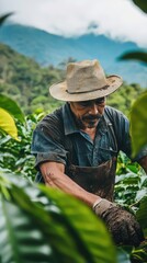 A farmer carefully harvesting crops in a lush green field, surrounded by mountains and vibrant plants, showcasing rural agriculture.