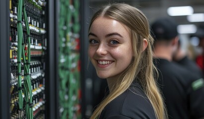 A young woman with blonde hair smiling while looking over her shoulder, near a server rack with green cables.