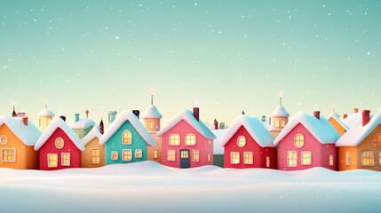 A Christmas village clipart, festive town element, digital painting, snow-covered rooftops, isolated on lime green background