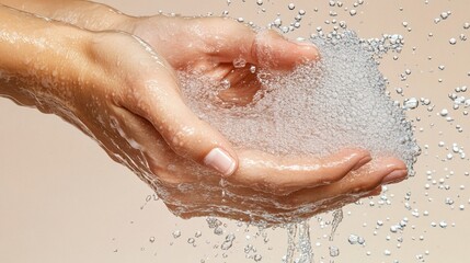 Fototapeta premium A close-up of hands under running water showing the action of washing with clear water droplets suspended midair