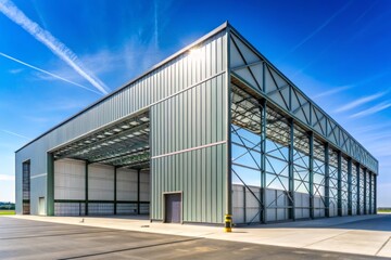 Expansive Industrial Hangar Structure with Large Doors and Metal Framework Against Clear Blue Sky