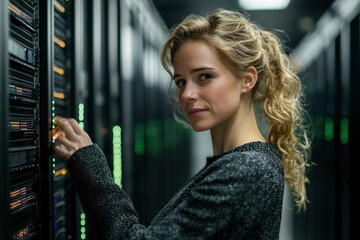 Woman Working with Server Racks in a Data Center