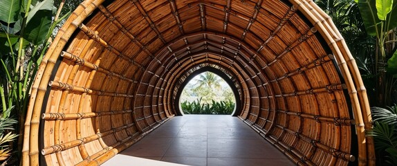 Naklejka premium unique architectural structure made primarily of bamboo, featuring a large, arched entrance that resembles a tunnel.