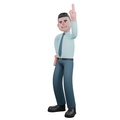 Fiscal Service Provider 3D. A male financial analyst is standing with his left index finger raised upwards. Male Analyst Cartoon