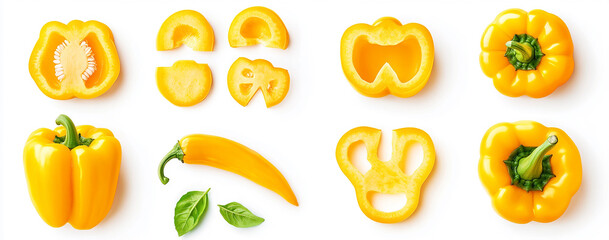 A set of yellow bell peppers, each cut into different shapes and sizes on a white background