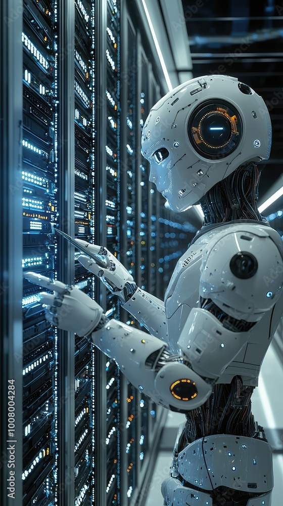 Poster a futuristic robot interacting with a data server in a high-tech environment, showcasing innovation 