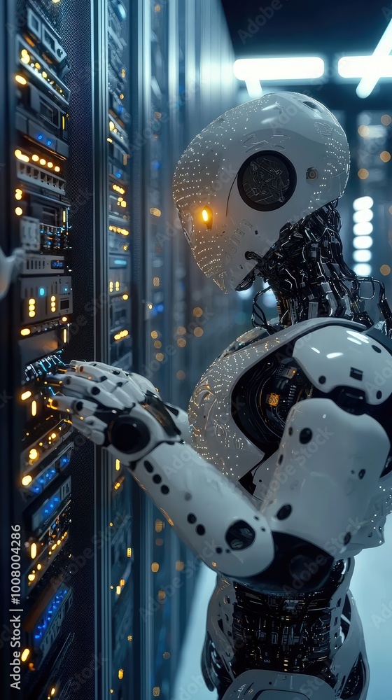 Poster a futuristic robot interacting with a high-tech server, showcasing advanced technology and artificia
