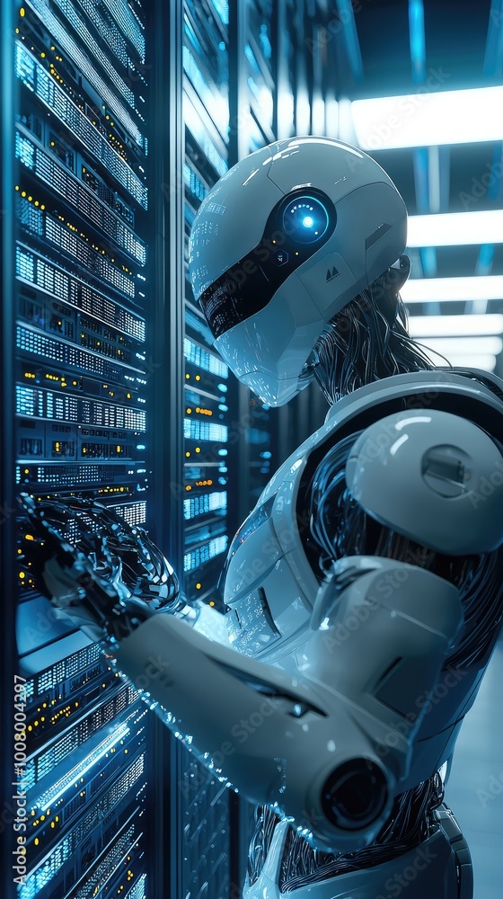Poster a futuristic robot interacting with a high-tech server array, showcasing advanced technology and art