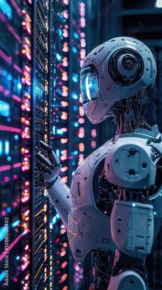 Poster a futuristic robot interacting with a vibrant server room, showcasing advanced technology and artifi