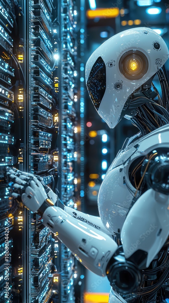 Poster a futuristic robot interacting with advanced server equipment in a high-tech data center environment
