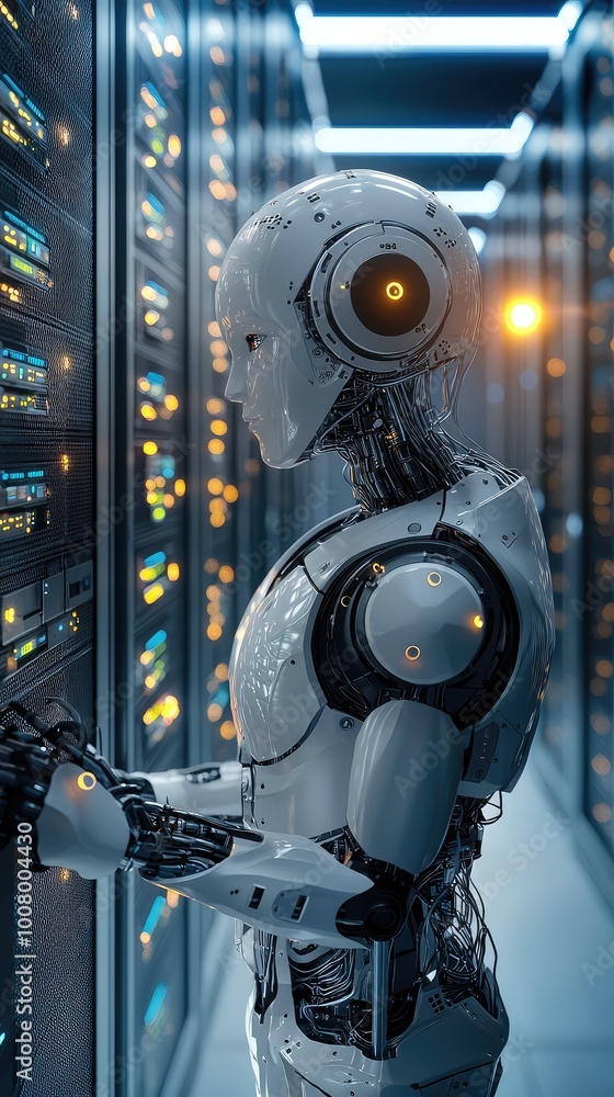 Poster a futuristic robot interacting with advanced data servers in a high-tech data center, showcasing ai 