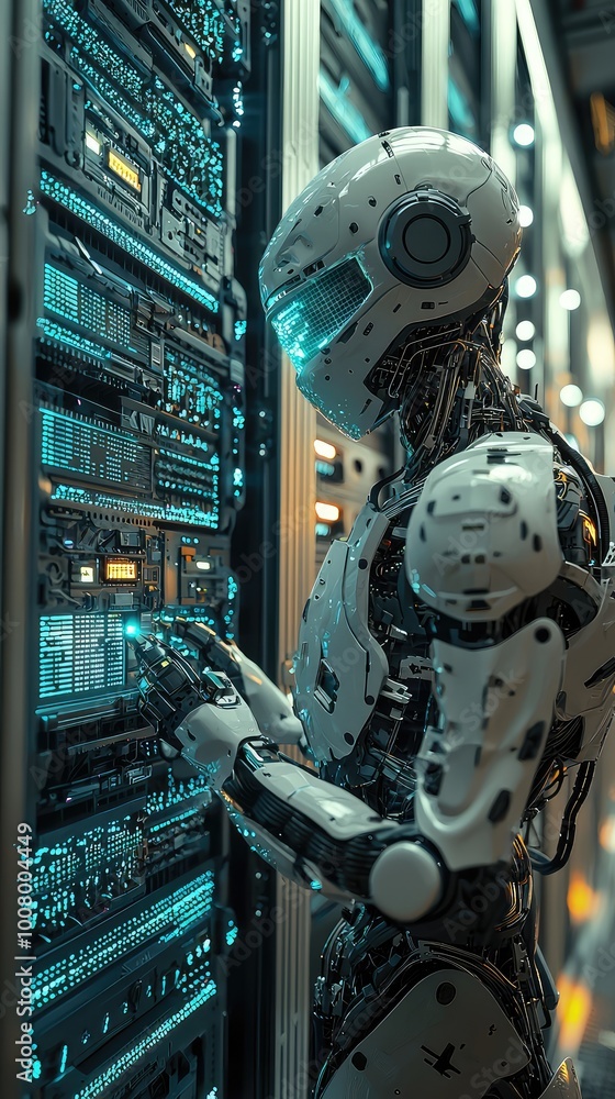 Poster a futuristic robot interacting with advanced server technology in a high-tech data center.