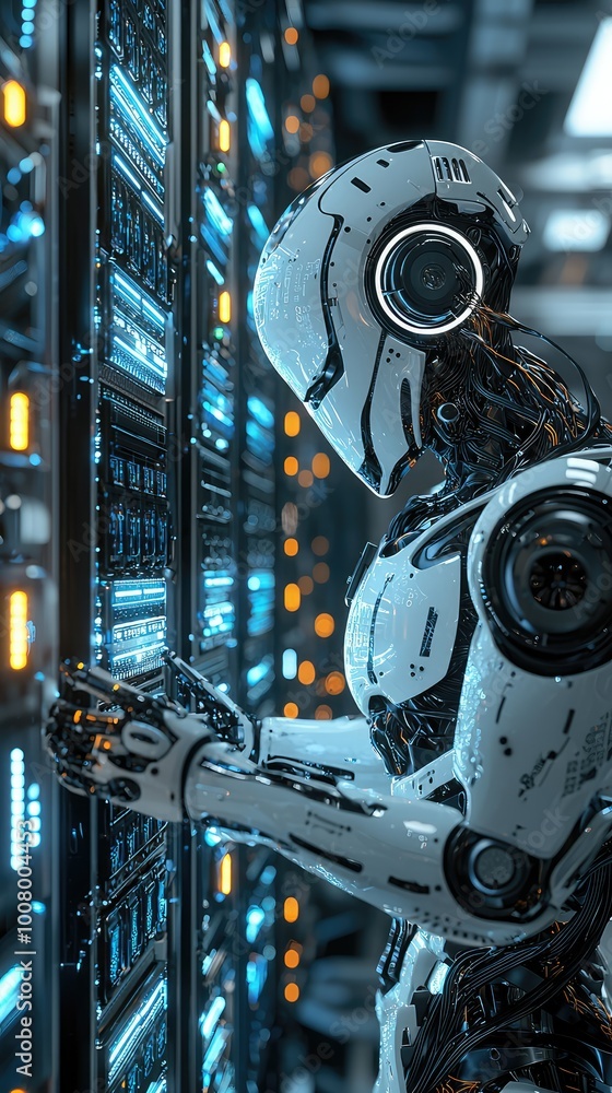 Poster a futuristic robot interacting with advanced server technology, symbolizing innovation and automatio