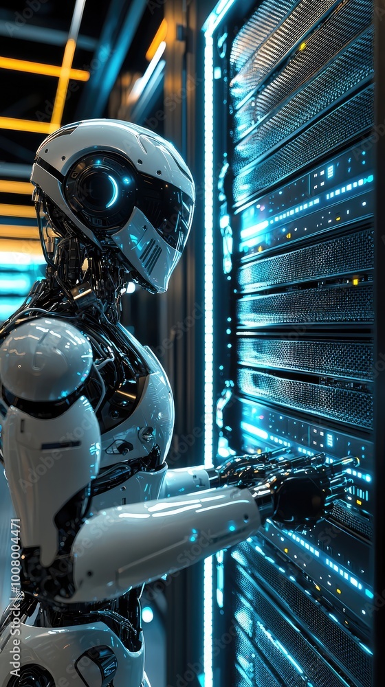 Poster a futuristic robot interacting with advanced server technology in a high-tech environment, showcasin