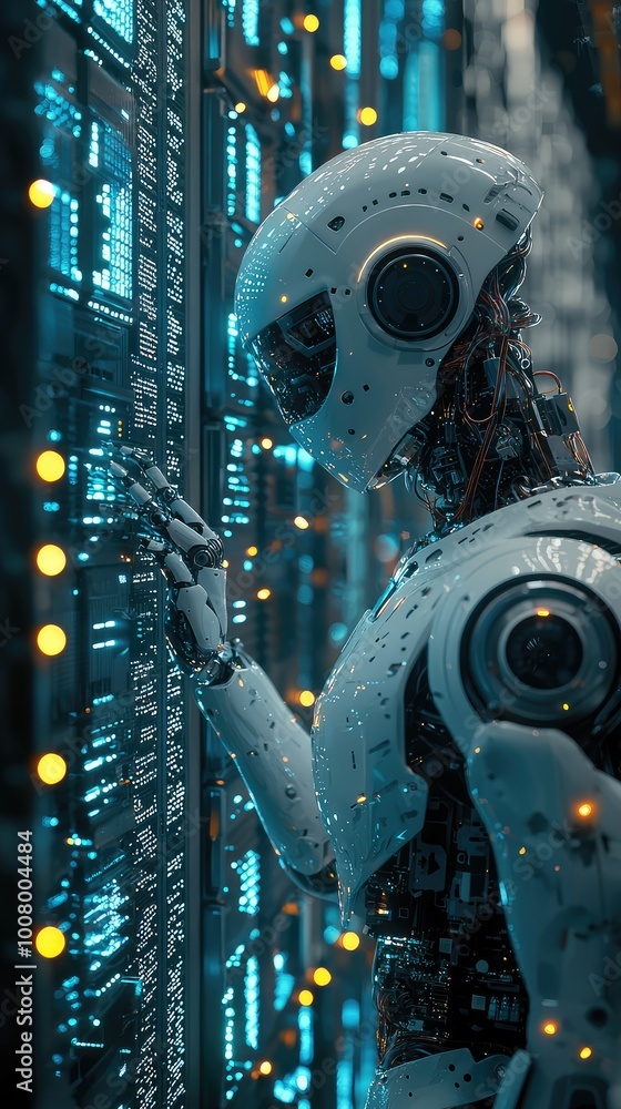 Poster a futuristic robot interacting with advanced technology in a digital environment, showcasing artific