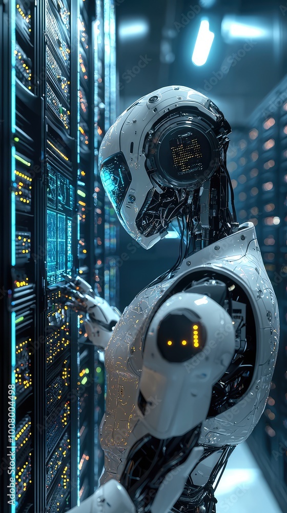 Poster a futuristic robot interacting with advanced technology in a server room, showcasing ai capabilities