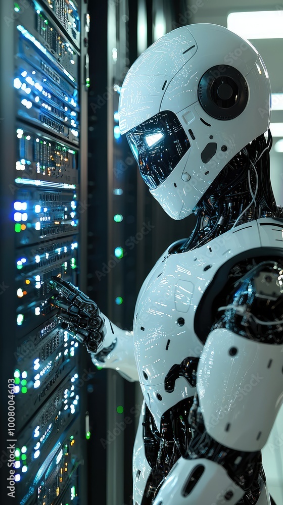 Poster a futuristic robot interacting with high-tech server equipment in a modern data center.