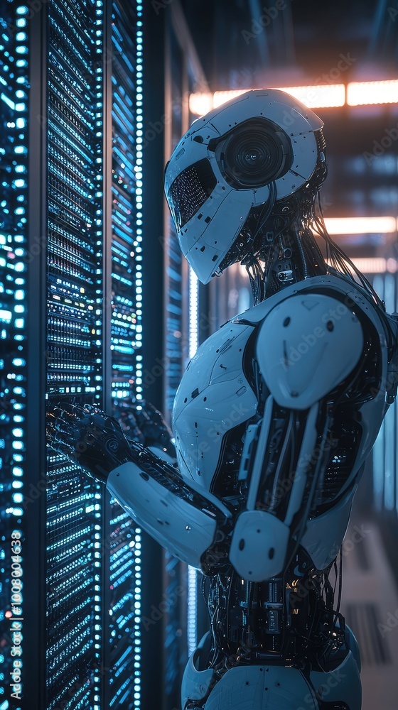 Poster a futuristic robot interacting with digital data in a high-tech server room, showcasing advanced tec