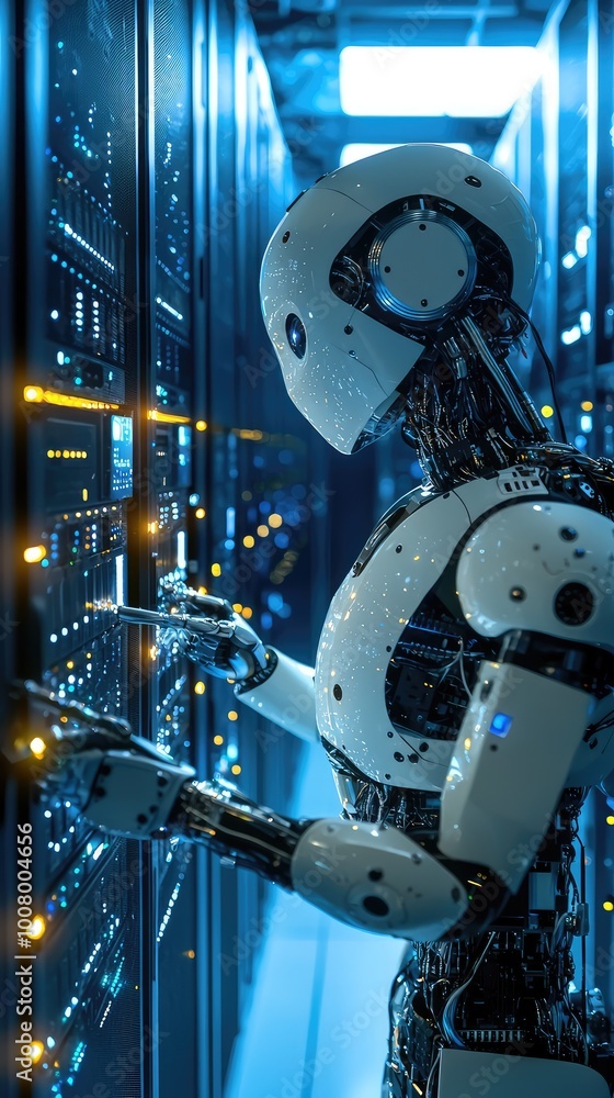 Poster a futuristic robot interacting with advanced technology in a server room, showcasing innovation and 