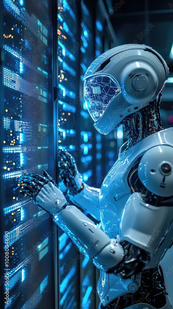 Poster a futuristic robot interacting with digital data in a high-tech server environment, showcasing advan