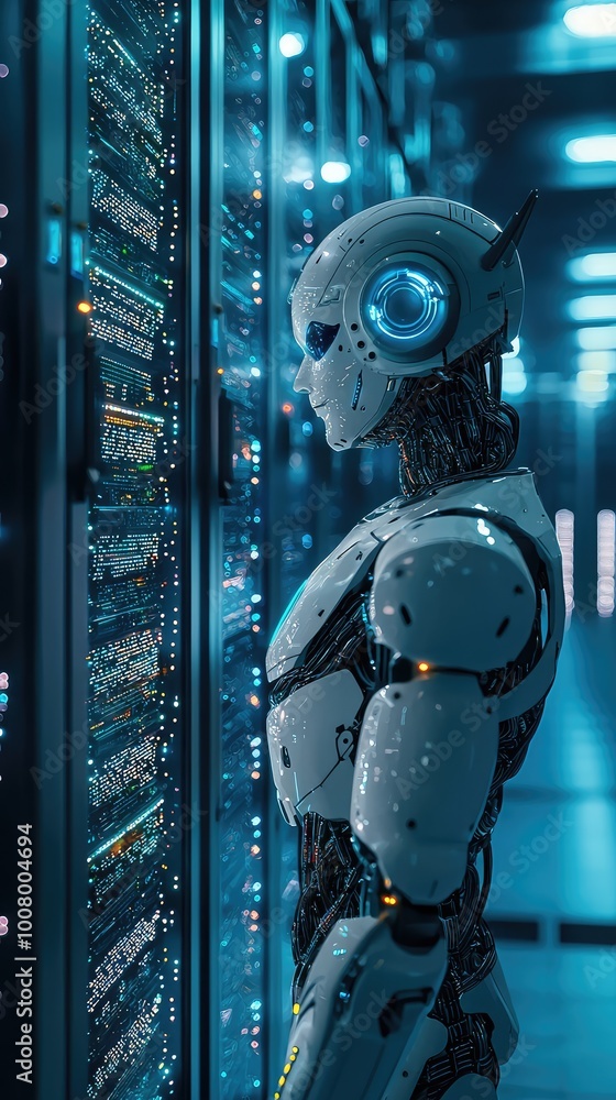 Poster a futuristic robot interacting with servers in a high-tech data center, showcasing advanced technolo