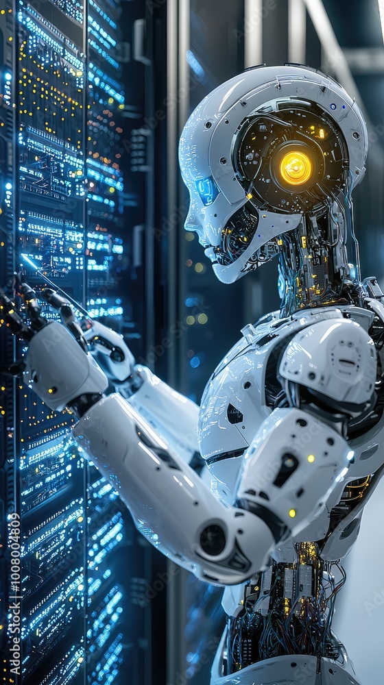 Poster a futuristic robot interacts with a high-tech server, showcasing advanced technology and artificial 