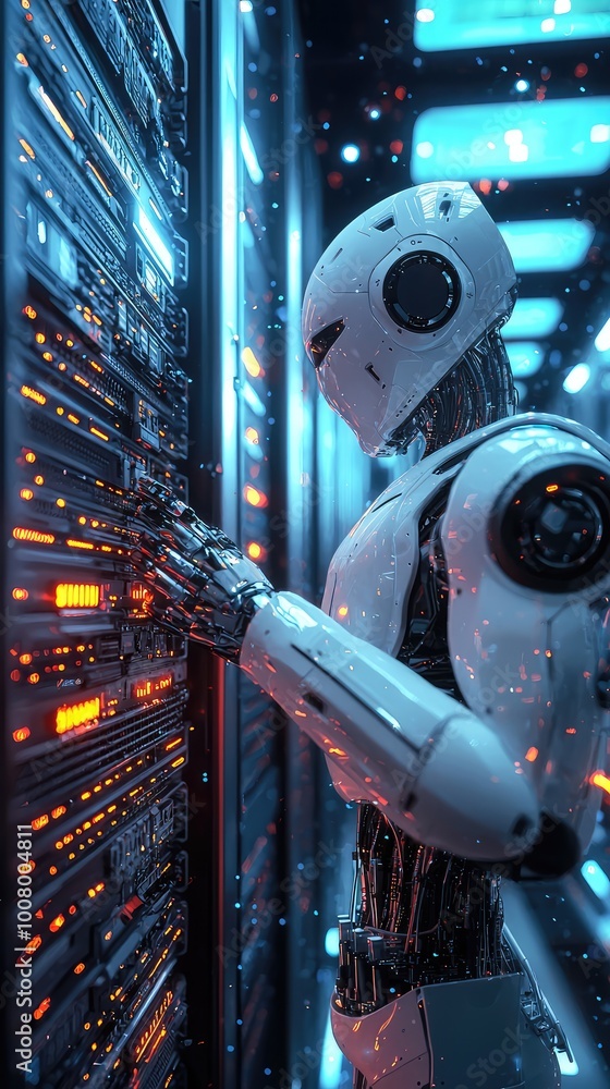 Poster a futuristic robot interacts with a high-tech data server in a vibrant digital environment, showcasi