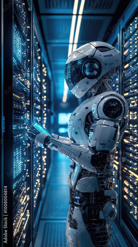 Poster a futuristic robot interacts with a high-tech server in a data center, showcasing advanced technolog