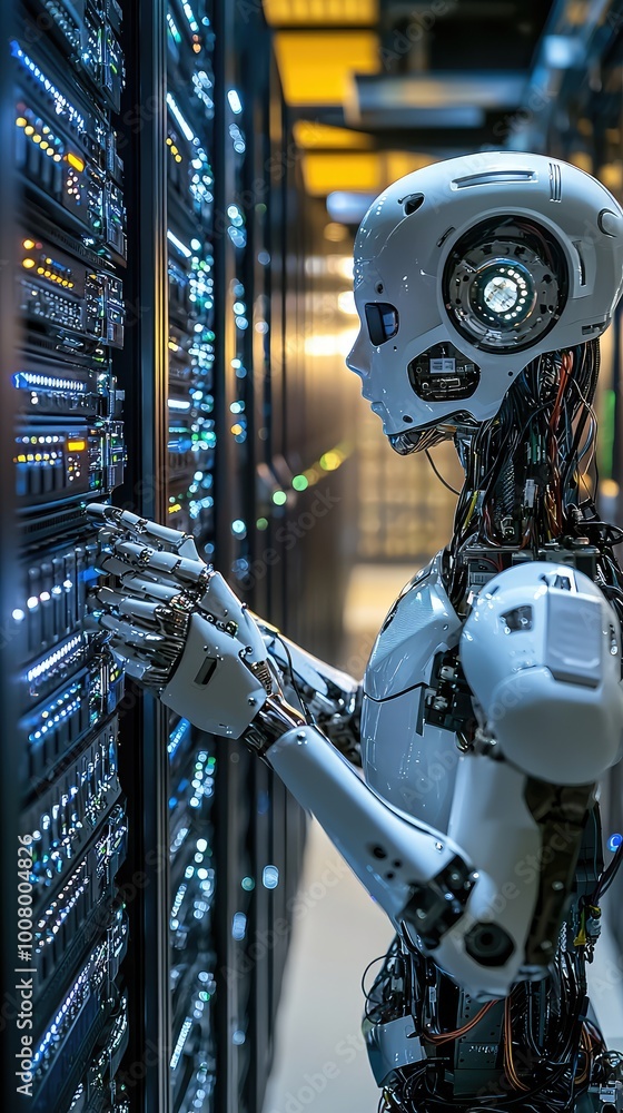 Poster a futuristic robot interacts with a high-tech server in a modern data center, showcasing advanced te