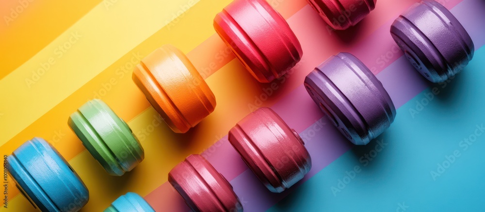 Poster colorful round objects on a rainbow background.