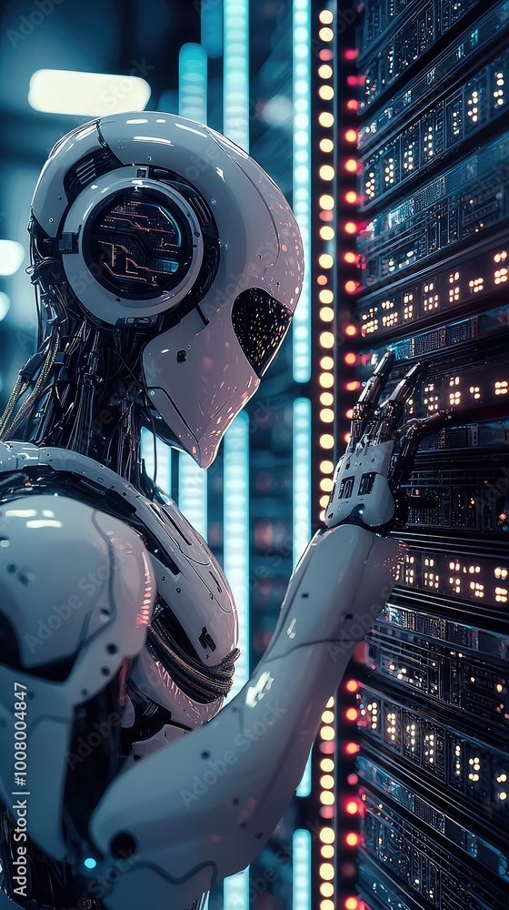 Poster a futuristic robot interacts with a high-tech server, showcasing advancements in artificial intellig