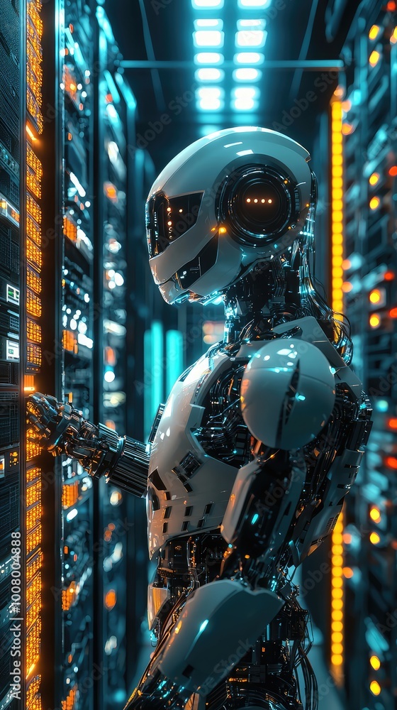Poster a futuristic robot interacts with a high-tech server, showcasing advanced technology and artificial 