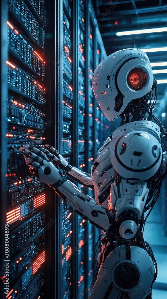 Poster a futuristic robot interacts with a high-tech server, symbolizing advanced technology and artificial