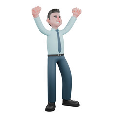 Professional Financial Analyst 3D Art. A male financial analyst stands with both hands raised upwards with his palms clenched. Male Economic Character