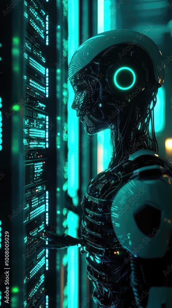 Aufkleber a futuristic robot interacts with glowing data servers, showcasing advanced technology and digital i