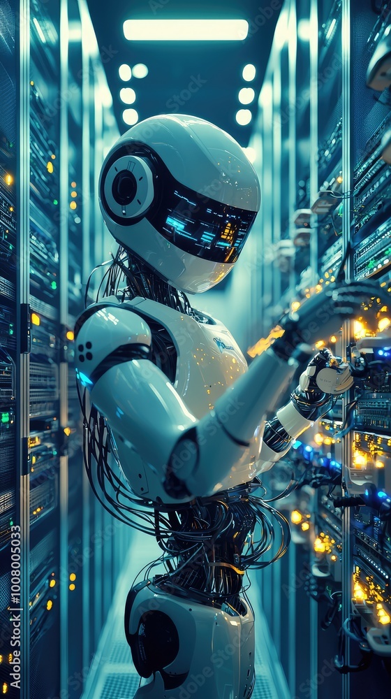 Poster a futuristic robot managing data in a high-tech server room, showcasing advanced technology and auto