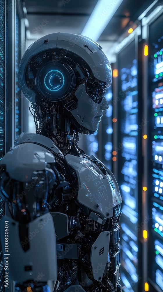 Poster a futuristic robot stands in a high-tech server room, showcasing advanced technology integration and