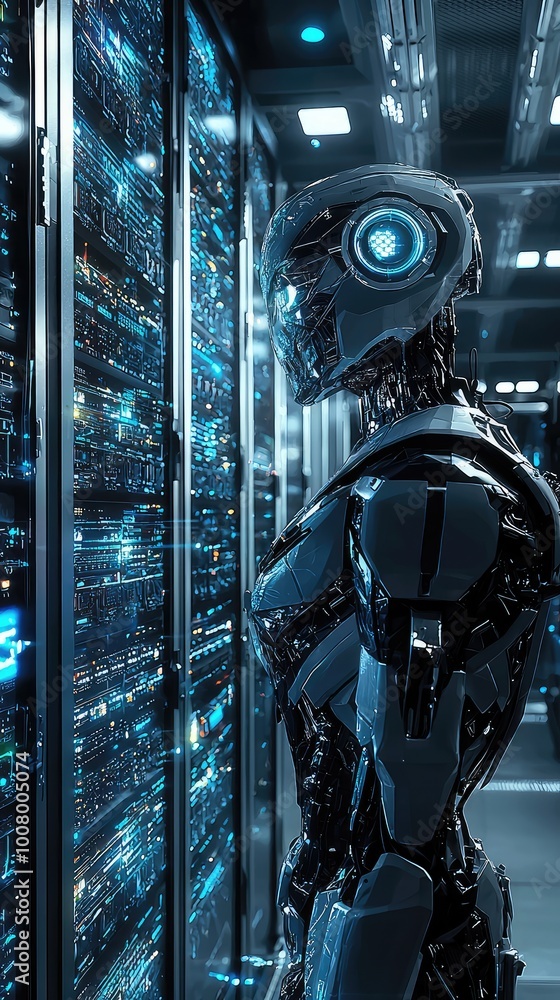 Poster a futuristic robot stands in a high-tech data center, surrounded by glowing server racks and illumin