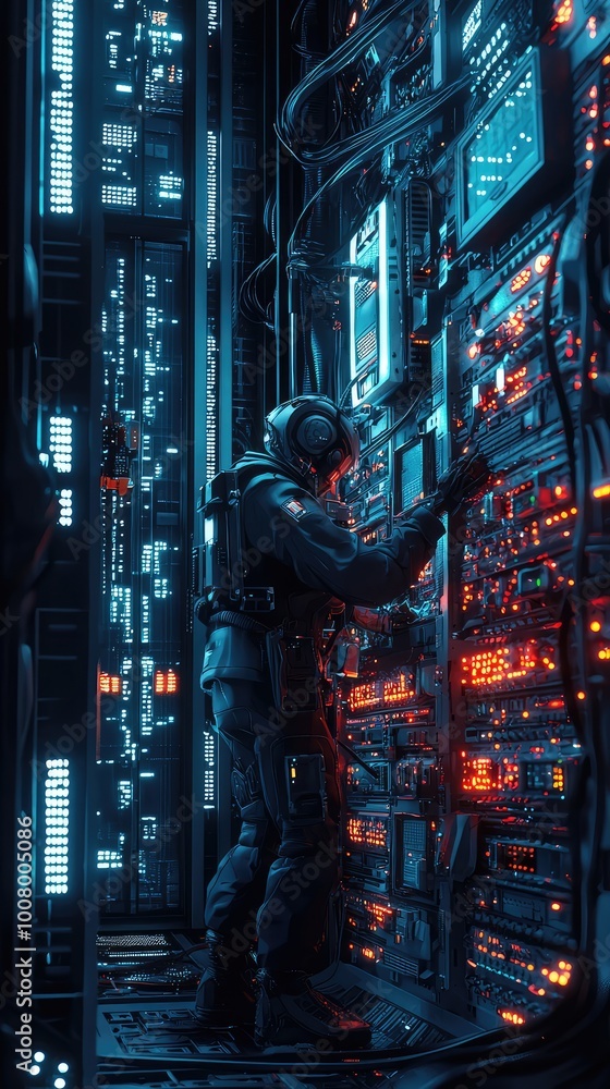 Poster a futuristic technician working with advanced technology in a neon-lit data center, showcasing innov