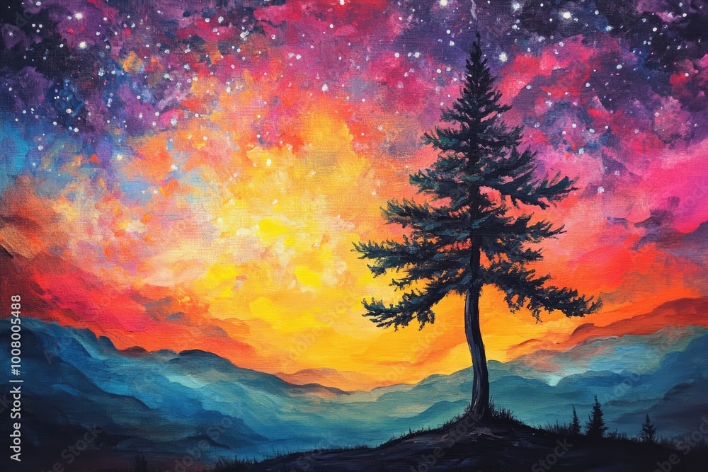 Wall mural A Silhouetted Tree Stands Tall Against a Vibrant Sunset and Starry Sky