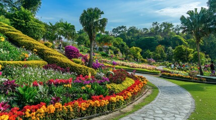 Obraz premium The stunning flower beds at Flora Park Wang Nam Khiao, with colorful blooms as far as the eye can see.